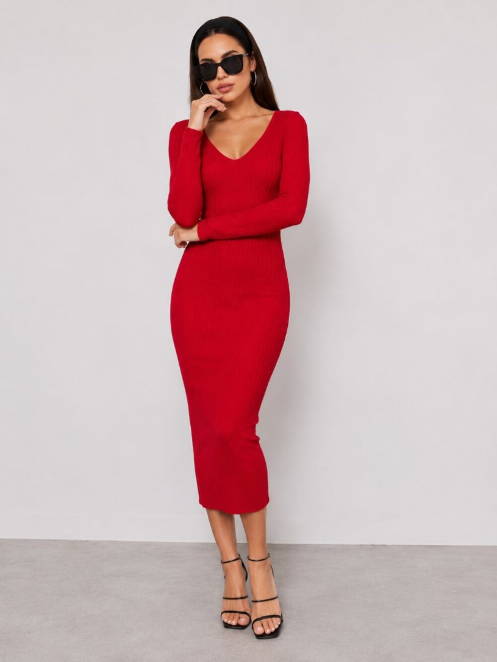 Red Ribbed Knit Midi Sweater Dress V Neck Bodycon NWT